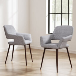 Darphe Set Of 2 Modern Light Grey Linen Upholstered Dining Armchairs With Metal Legs