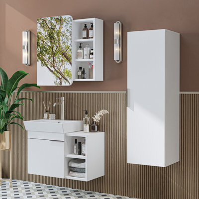 Roomart Likya Wall Mounted Bathroom Set With 72Cm Vanity Unit And Basin, Mirror Cabinet And Tall Storage Cupboard, White - image 1