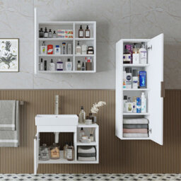 Roomart Likya Wall Mounted Bathroom Set With 72Cm Vanity Unit And Basin, Mirror Cabinet And Tall Storage Cupboard, White - thumbnail 3