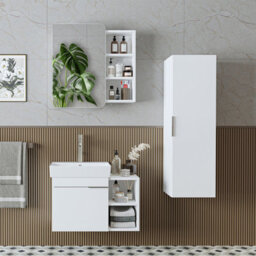 Roomart Likya Wall Mounted Bathroom Set With 72Cm Vanity Unit And Basin, Mirror Cabinet And Tall Storage Cupboard, White - thumbnail 2