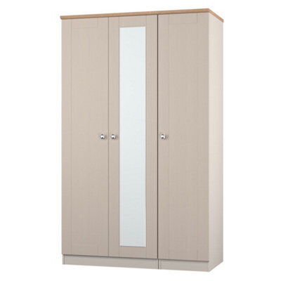 Santander Ready Assembled Traditional Matt Beige & Oak Effect Tall Triple Wardrobe With 1 Mirror Door (H)1970mm (W)1110mm (D)530mm - image 1