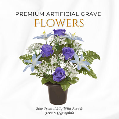 Premium Artificial Grave Flowers - 29Cm Blue Frontal Lily With Rose & Fern & Gypsophila Memorial Vase Pot - image 1