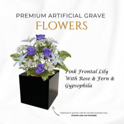 Premium Artificial Grave Flowers - 29Cm Blue Frontal Lily With Rose & Fern & Gypsophila Memorial Vase Pot - thumbnail 3