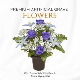 Premium Artificial Grave Flowers - 29Cm Blue Frontal Lily With Rose & Fern & Gypsophila Memorial Vase Pot