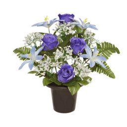 Premium Artificial Grave Flowers - 29Cm Blue Frontal Lily With Rose & Fern & Gypsophila Memorial Vase Pot - thumbnail 2