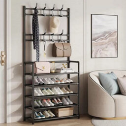 5 Tiers Black Metal Shoe Rack Black Shelf Coat Hat Clothes Stand Hanger With 8 Hooks