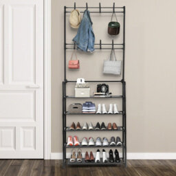 5 Tiers Black Metal Shoe Rack Black Shelf Coat Hat Clothes Stand Hanger With 8 Hooks - thumbnail 4