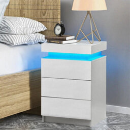 3 Drawers High Gloss Front Bedside Table Cabinet Led Nightstand White - thumbnail 3