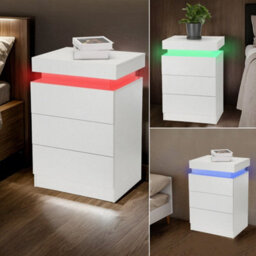 3 Drawers High Gloss Front Bedside Table Cabinet Led Nightstand White - thumbnail 2