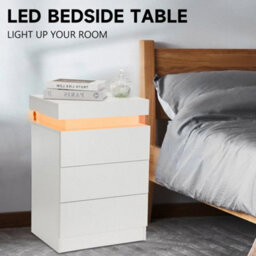 3 Drawers High Gloss Front Bedside Table Cabinet Led Nightstand White - thumbnail 5