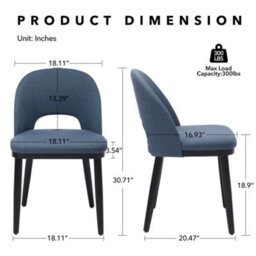 London Boutique Set Of 2 Linen Fabric Dining Chairs, Upholstered Kitchen Chairs, Curved Backrests, Wooden Legs, Hollowed Blue - thumbnail 2
