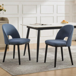 London Boutique Set Of 2 Linen Fabric Dining Chairs, Upholstered Kitchen Chairs, Curved Backrests, Wooden Legs, Hollowed Blue