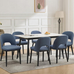 London Boutique Set Of 2 Linen Fabric Dining Chairs, Upholstered Kitchen Chairs, Curved Backrests, Wooden Legs, Hollowed Blue - thumbnail 5