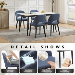 London Boutique Set Of 2 Linen Fabric Dining Chairs, Upholstered Kitchen Chairs, Curved Backrests, Wooden Legs, Hollowed Blue - thumbnail 4