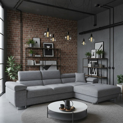 Torezio Mini L Shaped Sofa Bed With Adjustable Headrests Storage Dolfn Mechanism 280X170X70-90Cm Grey Melange Right - image 1