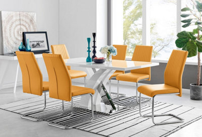 Furniturebox Atlanta White High Gloss And Chrome 6 Seater Dining Table With Statement X Shaped Legs And 6 Mustard Faux Leather Lorenzo Chairs - image 1
