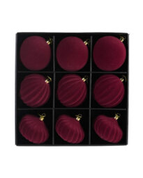 Werchristmas Set Of 9 Velvet Baubles, Burgundy, 10 Cm - thumbnail 1