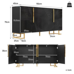 Btm Black Sideboard 152 X 40 X 75 Cm With Geometric Design, Gold Handles And Legs, Modern Storage Cabinet - thumbnail 4