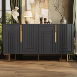 Btm Black Sideboard 152 X 40 X 75 Cm With Geometric Design, Gold Handles And Legs, Modern Storage Cabinet - thumbnail 1