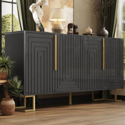 Btm Black Sideboard 152 X 40 X 75 Cm With Geometric Design, Gold Handles And Legs, Modern Storage Cabinet - thumbnail 3