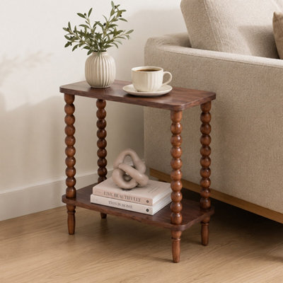 Levede Narrow Side Table 2 Tier Storage Mdf End Table Rubber Wood Legs Brown - image 1