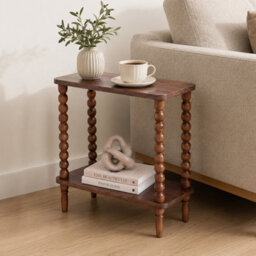 Levede Narrow Side Table 2 Tier Storage Mdf End Table Rubber Wood Legs Brown - thumbnail 1