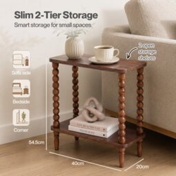 Levede Narrow Side Table 2 Tier Storage Mdf End Table Rubber Wood Legs Brown - thumbnail 5