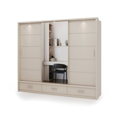 Arte Sand Beige & Oak Barista Arti 250Cm 3-Door Sliding Wardrobe With Mirrored Door, Led Lighting, Shelves And Drawers - image 1