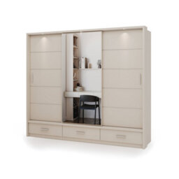 Arte Sand Beige & Oak Barista Arti 250Cm 3-Door Sliding Wardrobe With Mirrored Door, Led Lighting, Shelves And Drawers - thumbnail 1