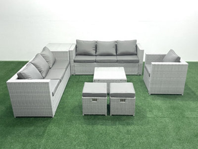 Fimous Wicker Pe Rattan Sofa Garden Furniture Set Armchair Square Coffee Table 2 Small Stools Side Table Light Grey - image 1