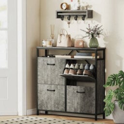 Shoe Cabinet With 4 Flip Drawers, Holds 12-20 Pairs, Cement Grey - thumbnail 2