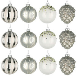 Shatchi Christmas Glass Baubles 12Pcs Set - 8Cm Ornaments With 4 Stunning Assorted Designs - thumbnail 1