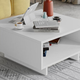 Decortie Hola Modern Square Coffee Table 60Cm Storage Compartment White White Living Room H 32Cm - thumbnail 5