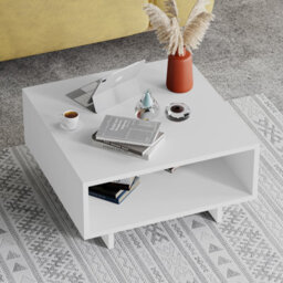 Decortie Hola Modern Square Coffee Table 60Cm Storage Compartment White White Living Room H 32Cm - thumbnail 4