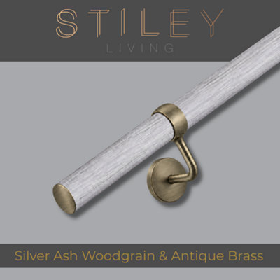 Stiley Living Silver Ash Woodgrain/antique Brass Stair Handrail Kit 3.6M, Wall Mounted Banister Rail, 10Yr Guarantee - image 1