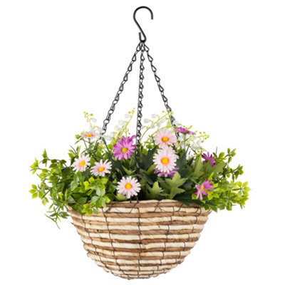 Christow Artificial Daisy Wicker Hanging Basket Uv Resistant Foliage Pink Purple 25Cm - image 1