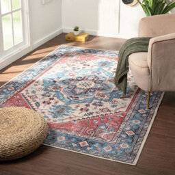 Blue Bordered Geometric Rug For Bedroom, & Living Room, 7mm Thick Stain-Resistant Traditional Rug - 160Cm X 230Cm - thumbnail 2