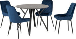 Seconique Athens Round Dining Set With Avery Chairs - Concrete Effect/black/sapphire Blue Velvet