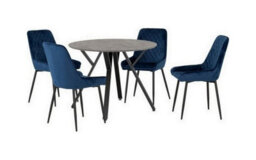 Seconique Athens Round Dining Set With Avery Chairs - Concrete Effect/black/sapphire Blue Velvet - thumbnail 2