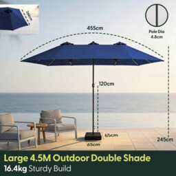 Keplin Double Garden Parasol With Base And Cover 4.5X2.7M, 12 Steel Ribs, 180Gsm Crank Handle, Polyester Canopy, Navy Blue - thumbnail 8