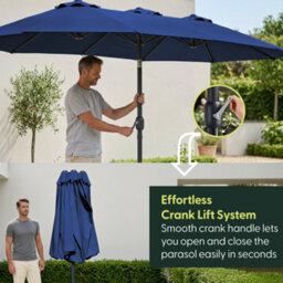 Keplin Double Garden Parasol With Base And Cover 4.5X2.7M, 12 Steel Ribs, 180Gsm Crank Handle, Polyester Canopy, Navy Blue - thumbnail 4
