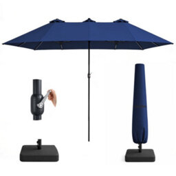 Keplin Double Garden Parasol With Base And Cover 4.5X2.7M, 12 Steel Ribs, 180Gsm Crank Handle, Polyester Canopy, Navy Blue
