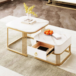 Matteo Nestable Coffee Table Set With Drawer - High Gloss White Marble Effect & Gold Accents - thumbnail 2