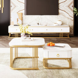 Matteo Nestable Coffee Table Set With Drawer - High Gloss White Marble Effect & Gold Accents - thumbnail 4