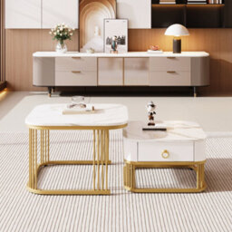 Matteo Nestable Coffee Table Set With Drawer - High Gloss White Marble Effect & Gold Accents - thumbnail 7
