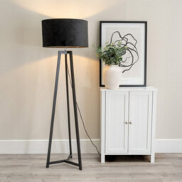 Valuelights Lottie Black Wood Tripod Floor Lamp With Black Velvet Drum Shade