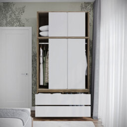 Urbn-Living Urbnliving 240Cm Height Oak Carcass 6 Sliding White Door 4 Drawer Freestanding Wardrobe Clothes Storage Hanging Rail Bedroom - thumbnail 5