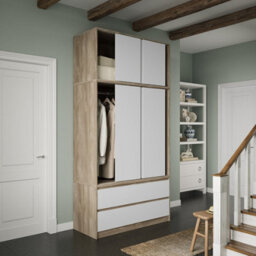 Urbn-Living Urbnliving 240Cm Height Oak Carcass 6 Sliding White Door 4 Drawer Freestanding Wardrobe Clothes Storage Hanging Rail Bedroom - thumbnail 4