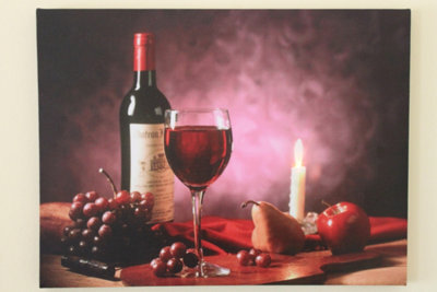 Garden Market Place Red Wine, Grapes And Candle Christmas Canvas Picture Print With Led Lights