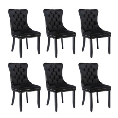 BTM Set Of 6 Modern Velvet Dining Chairs, Button Tufted With Solid Wood Legs And Knocker Ring For Dining Or Living Room (Black) - image 1